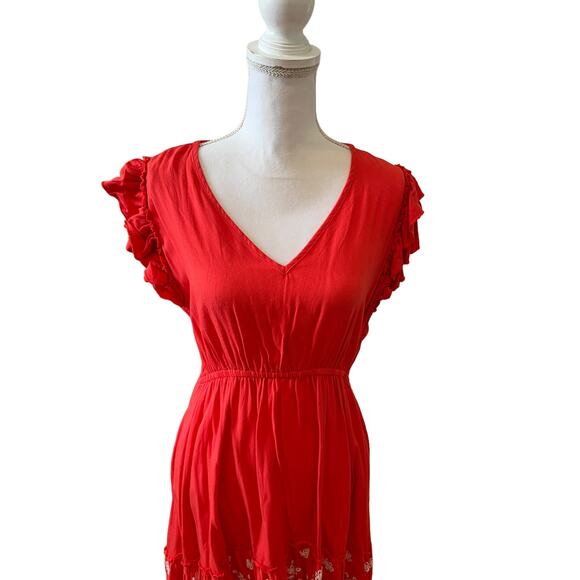 Solitaire Summer Eyelet Casual Short Sleeve Ruffle Detail Dress Deep Coral M - Picture 2 of 6